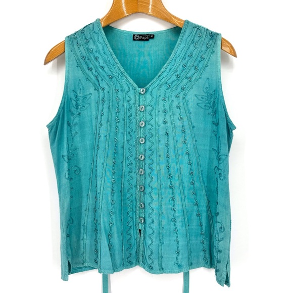 Papa Teal Embroidered Stripe V-Neck Button Front Tie Back Sleeveless Top, Medium - Picture 13 of 16